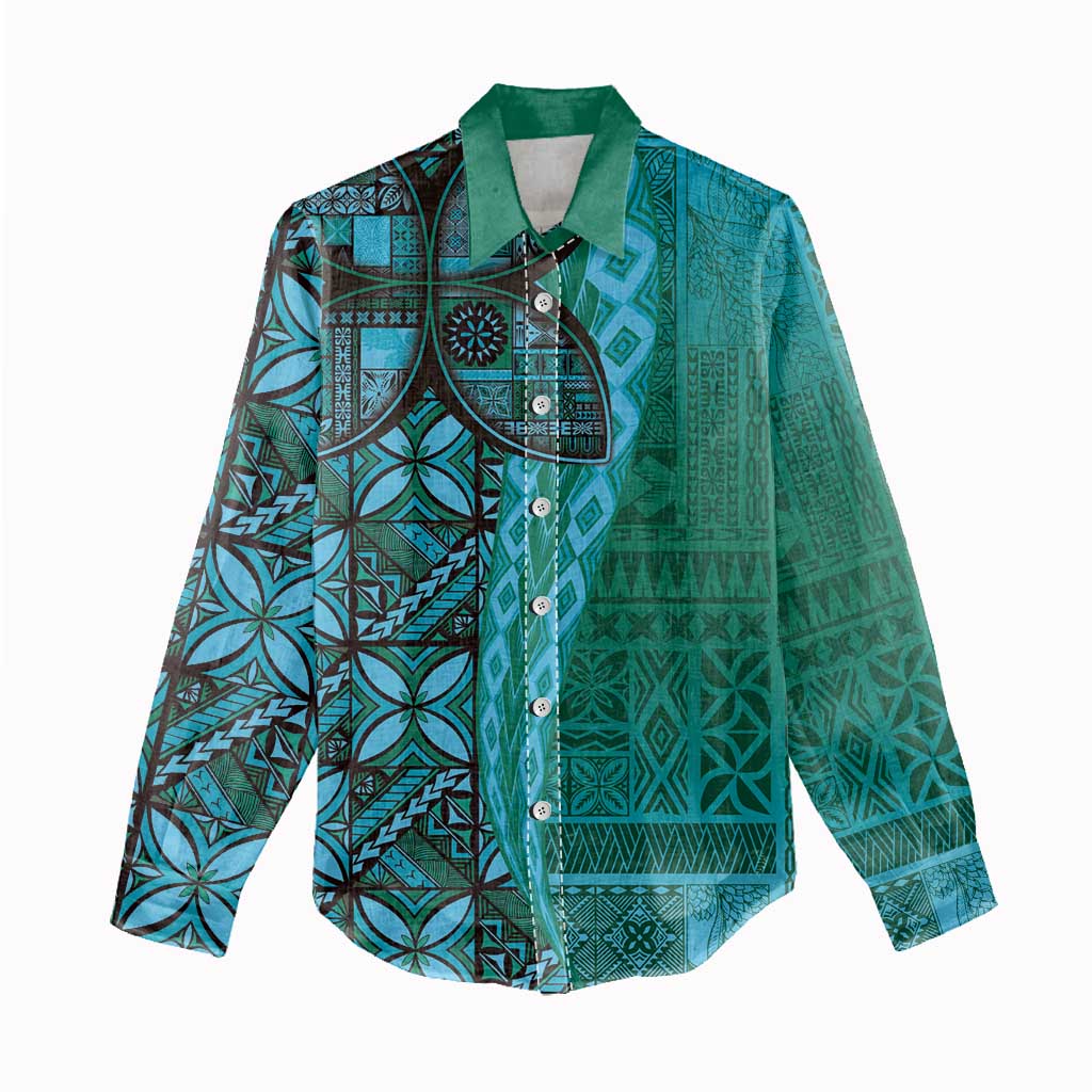 Samoan Pacific Tribal Flower Geometric Art Tattoos Women Casual Shirt Siapo Pattern Turquoise Tide LT03 - Polynesian Pride