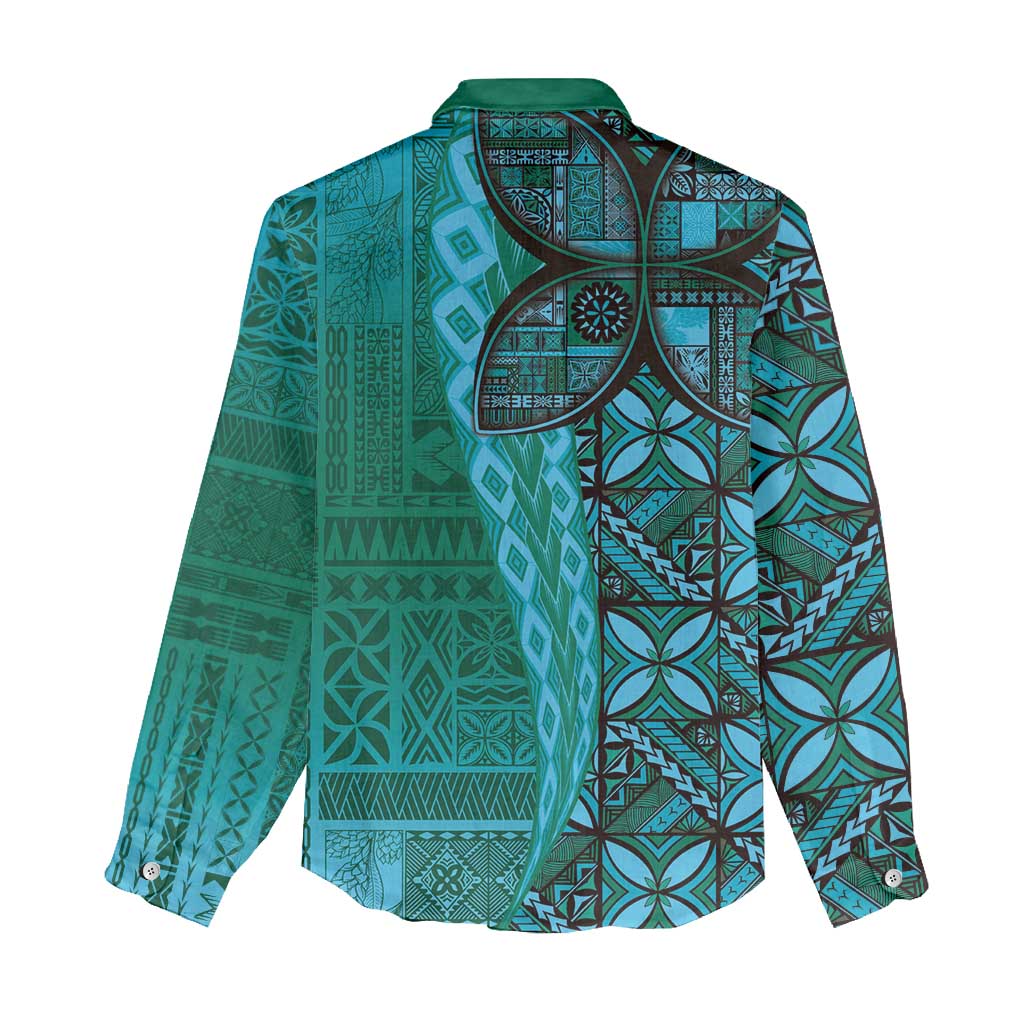 Samoan Pacific Tribal Flower Geometric Art Tattoos Women Casual Shirt Siapo Pattern Turquoise Tide LT03 - Polynesian Pride