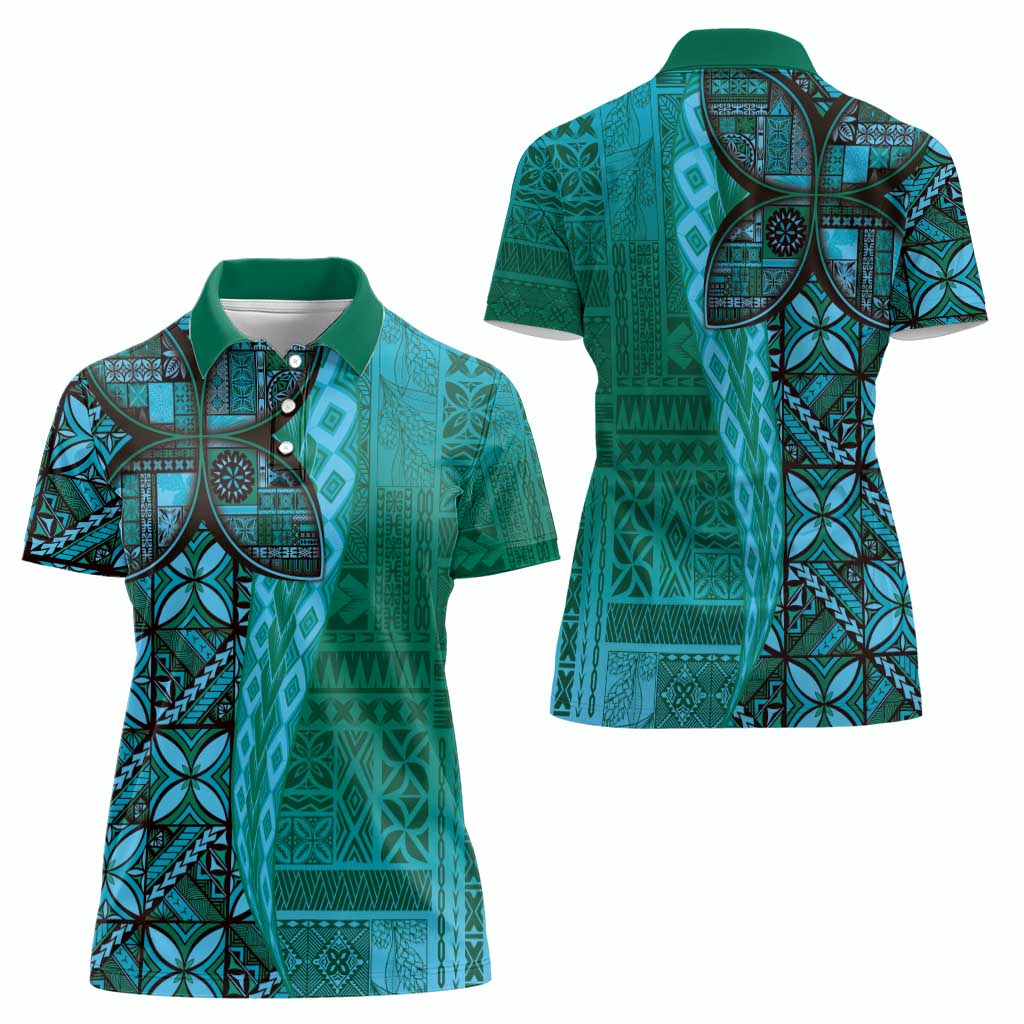 Samoan Pacific Tribal Flower Geometric Art Tattoos Women Polo Shirt Siapo Pattern Turquoise Tide - Polynesian Pride