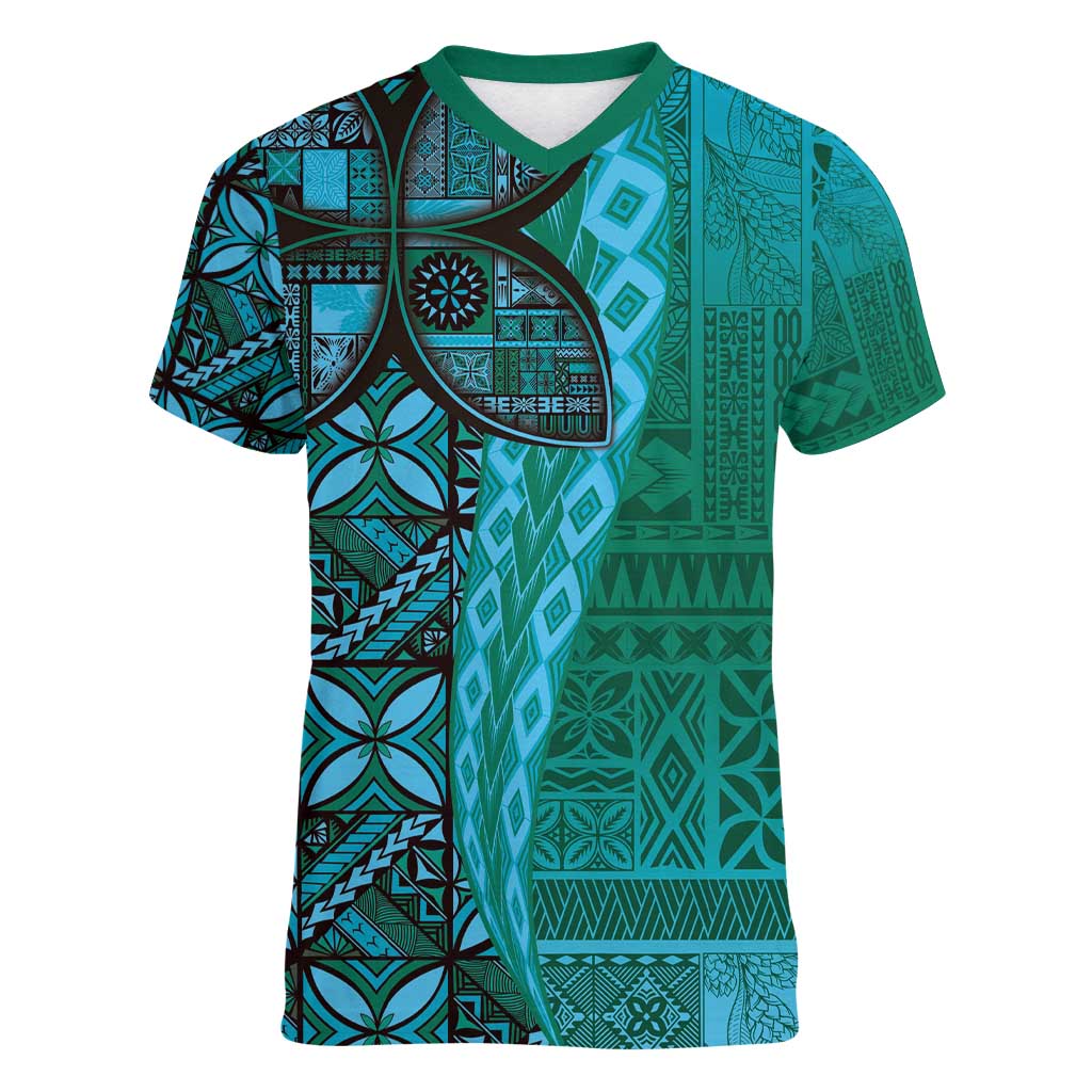 Samoan Pacific Tribal Flower Geometric Art Tattoos Women V-Neck T-Shirt Siapo Pattern Turquoise Tide LT03 Female Turquoise - Polynesian Pride