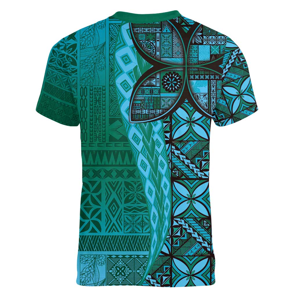 Samoan Pacific Tribal Flower Geometric Art Tattoos Women V-Neck T-Shirt Siapo Pattern Turquoise Tide LT03 - Polynesian Pride