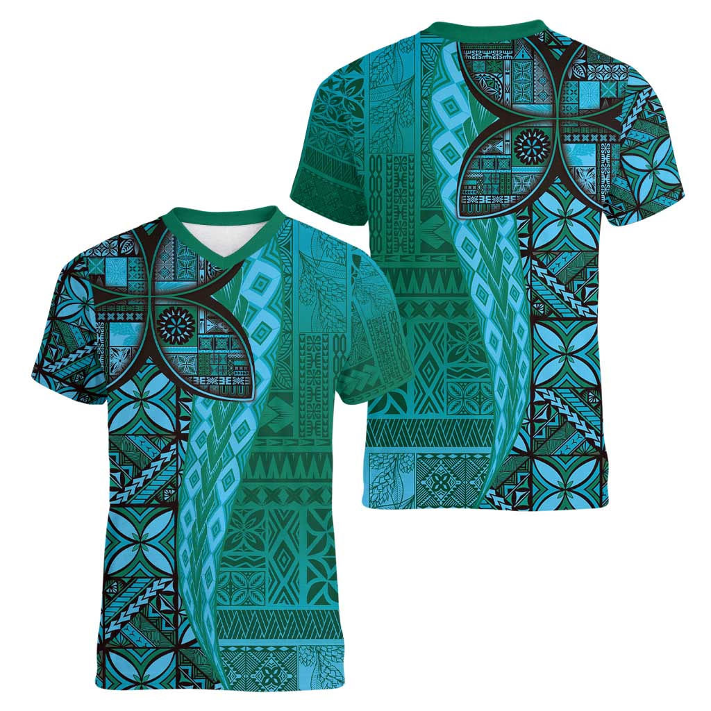 Samoan Pacific Tribal Flower Geometric Art Tattoos Women V-Neck T-Shirt Siapo Pattern Turquoise Tide LT03 - Polynesian Pride