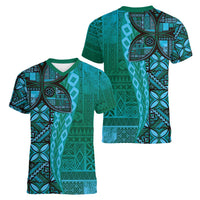 Samoan Pacific Tribal Flower Geometric Art Tattoos Women V-Neck T-Shirt Siapo Pattern Turquoise Tide LT03 - Polynesian Pride