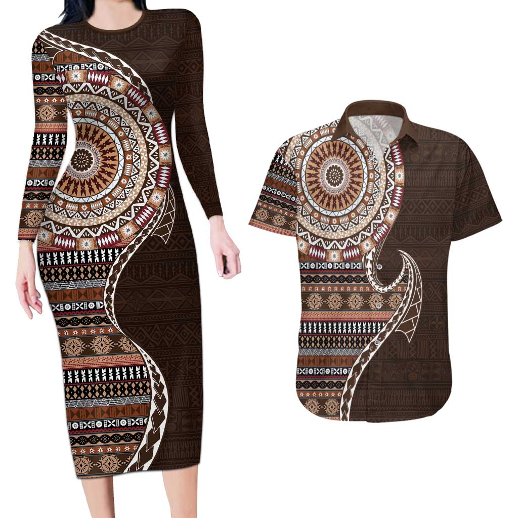 Fijian Masi Tribal Tattoos Art Pattern Couples Matching Long Sleeve Bodycon Dress and Hawaiian Shirt Brown Color Half Style LT03 Brown - Polynesian Pride