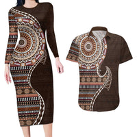 Fijian Masi Tribal Tattoos Art Pattern Couples Matching Long Sleeve Bodycon Dress and Hawaiian Shirt Brown Color Half Style LT03 Brown - Polynesian Pride