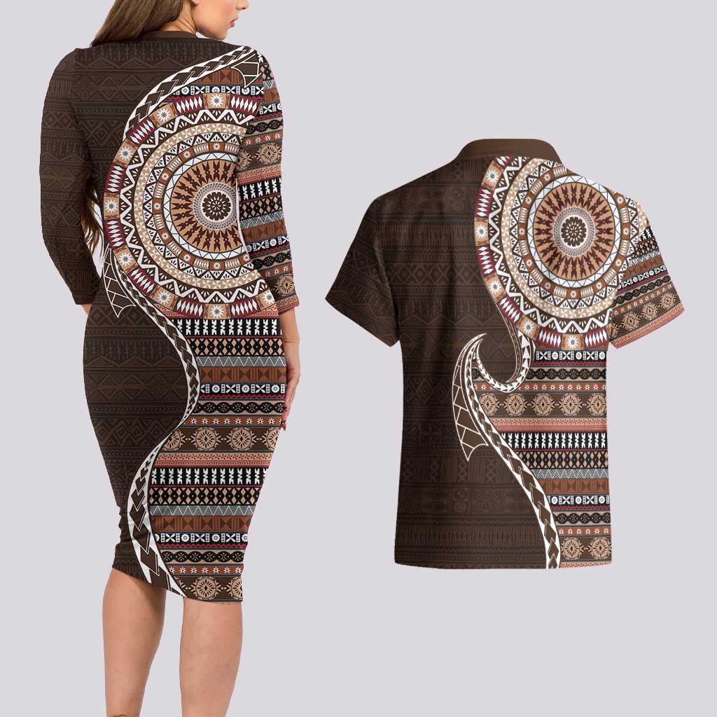Fijian Masi Tribal Tattoos Art Pattern Couples Matching Long Sleeve Bodycon Dress and Hawaiian Shirt Brown Color Half Style LT03 - Polynesian Pride