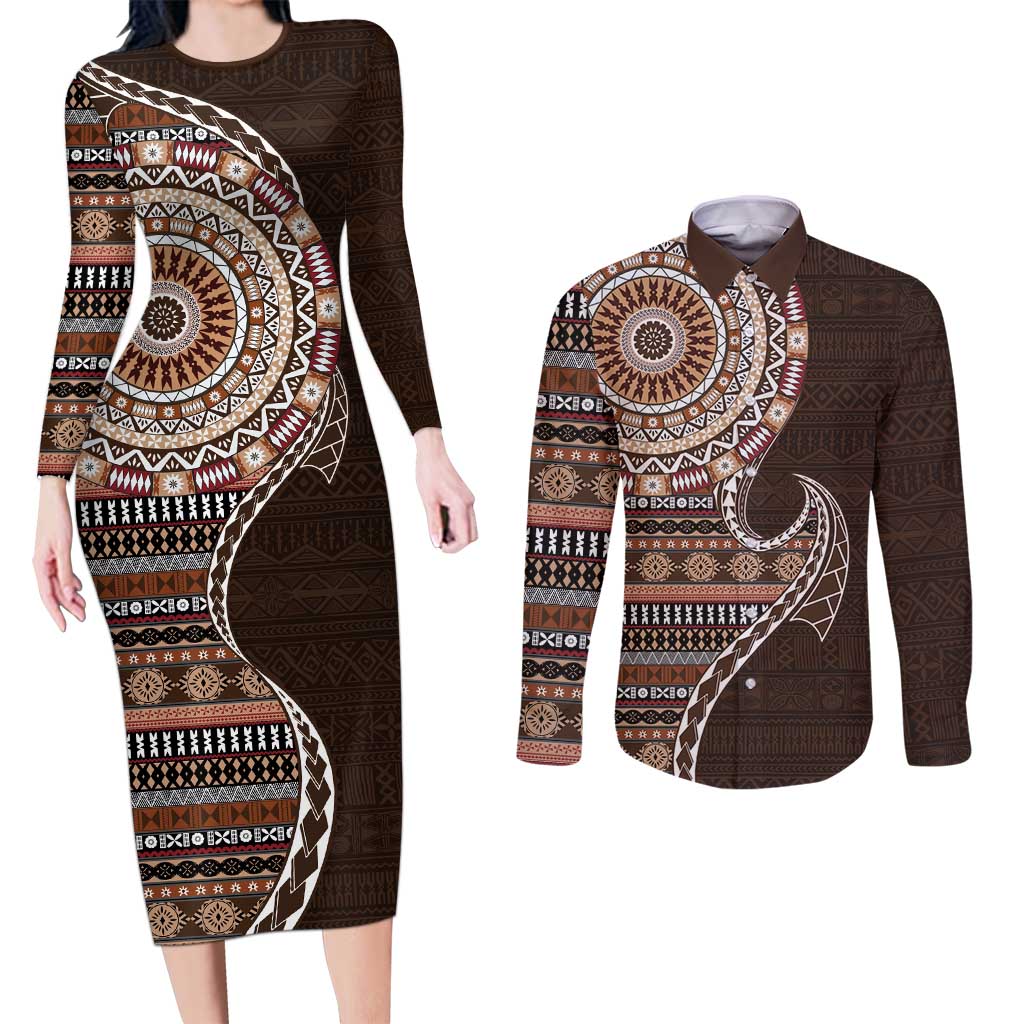 Fijian Masi Tribal Tattoos Art Pattern Couples Matching Long Sleeve Bodycon Dress and Long Sleeve Button Shirt Brown Color Half Style LT03 Brown - Polynesian Pride