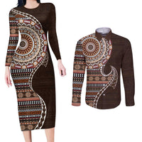 Fijian Masi Tribal Tattoos Art Pattern Couples Matching Long Sleeve Bodycon Dress and Long Sleeve Button Shirt Brown Color Half Style LT03 Brown - Polynesian Pride