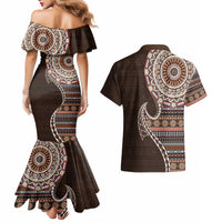 Fijian Masi Tribal Tattoos Art Pattern Couples Matching Mermaid Dress and Hawaiian Shirt Brown Color Half Style LT03 - Polynesian Pride