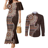 Fijian Masi Tribal Tattoos Art Pattern Couples Matching Mermaid Dress and Long Sleeve Button Shirt Brown Color Half Style LT03 Brown - Polynesian Pride