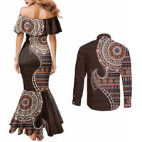 Fijian Masi Tribal Tattoos Art Pattern Couples Matching Mermaid Dress and Long Sleeve Button Shirt Brown Color Half Style LT03 - Polynesian Pride