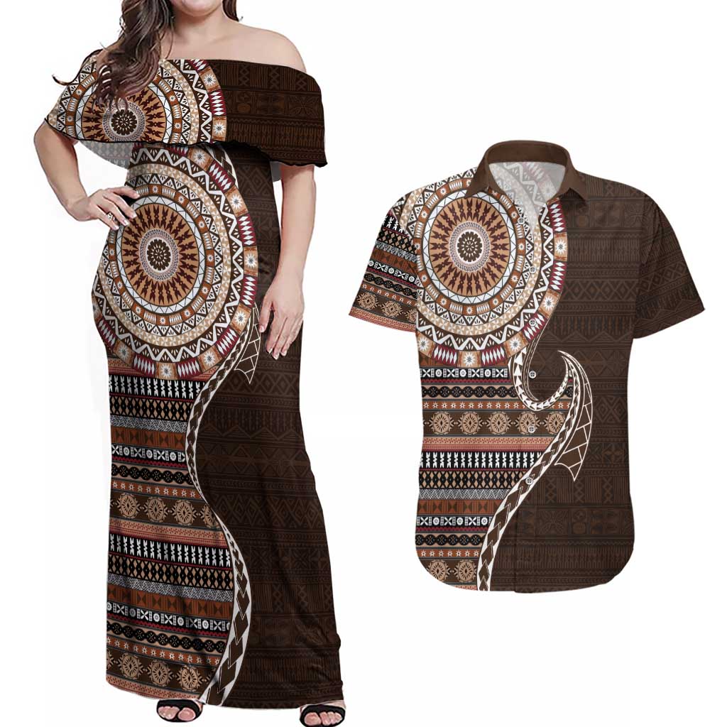 Fijian Masi Tribal Tattoos Art Pattern Couples Matching Off Shoulder Maxi Dress and Hawaiian Shirt Brown Color Half Style LT03 Brown - Polynesian Pride