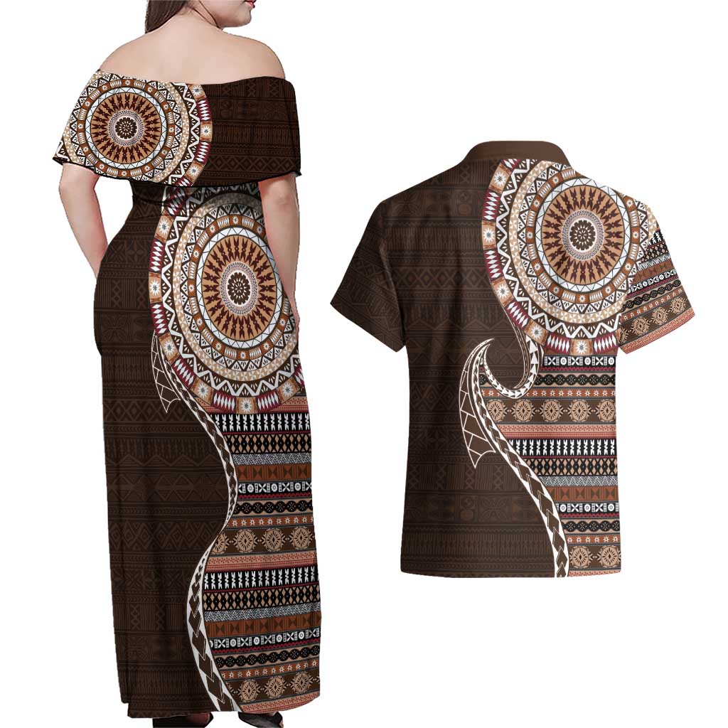 Fijian Masi Tribal Tattoos Art Pattern Couples Matching Off Shoulder Maxi Dress and Hawaiian Shirt Brown Color Half Style LT03 - Polynesian Pride