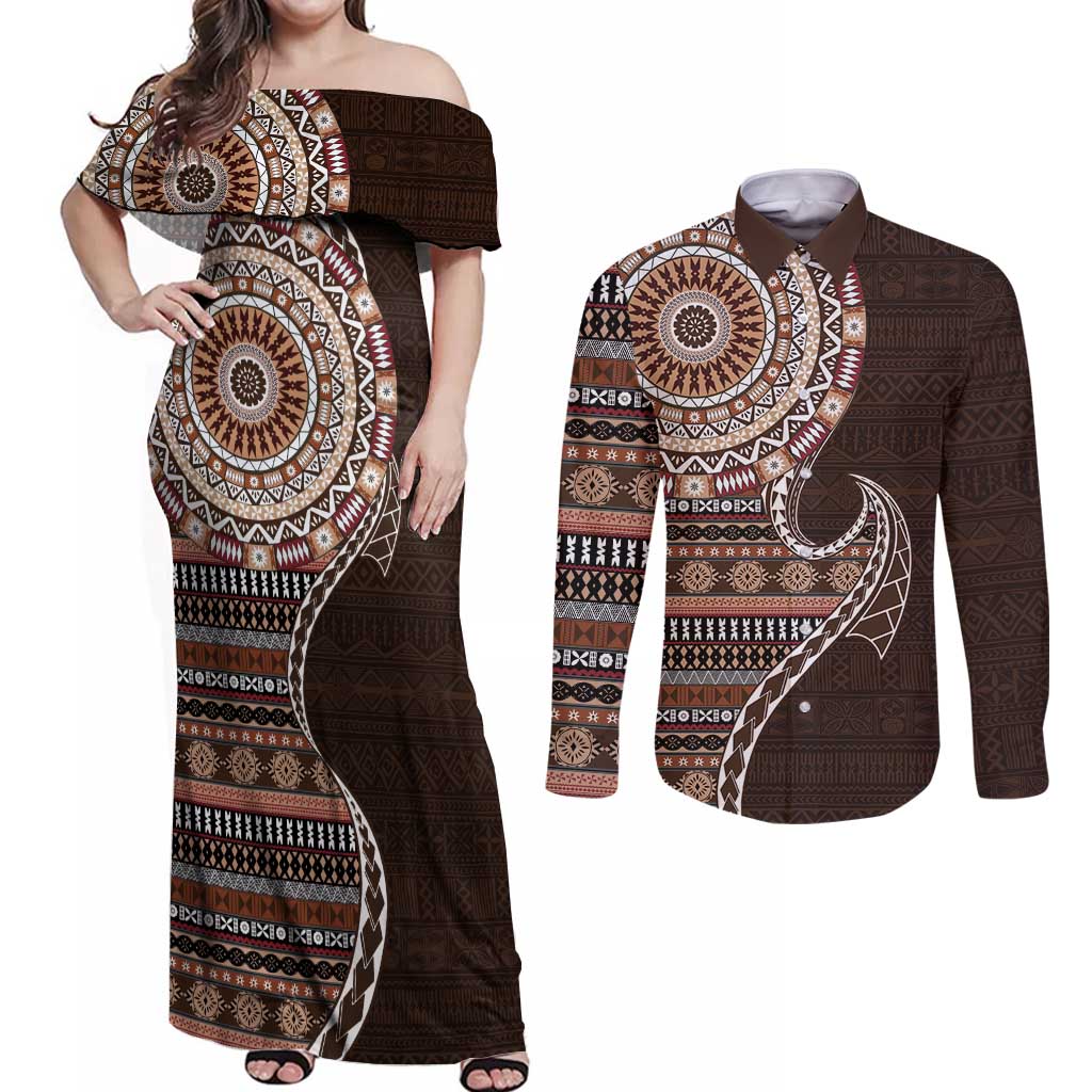 Fijian Masi Tribal Tattoos Art Pattern Couples Matching Off Shoulder Maxi Dress and Long Sleeve Button Shirt Brown Color Half Style LT03 Brown - Polynesian Pride