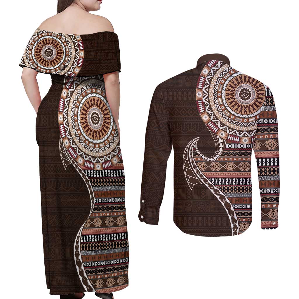 Fijian Masi Tribal Tattoos Art Pattern Couples Matching Off Shoulder Maxi Dress and Long Sleeve Button Shirt Brown Color Half Style LT03 - Polynesian Pride