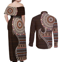 Fijian Masi Tribal Tattoos Art Pattern Couples Matching Off Shoulder Maxi Dress and Long Sleeve Button Shirt Brown Color Half Style LT03 - Polynesian Pride