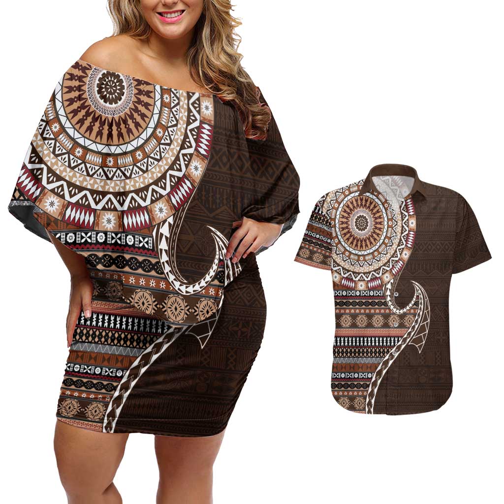 Fijian Masi Tribal Tattoos Art Pattern Couples Matching Off Shoulder Short Dress and Hawaiian Shirt Brown Color Half Style LT03 Brown - Polynesian Pride