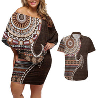 Fijian Masi Tribal Tattoos Art Pattern Couples Matching Off Shoulder Short Dress and Hawaiian Shirt Brown Color Half Style LT03 Brown - Polynesian Pride