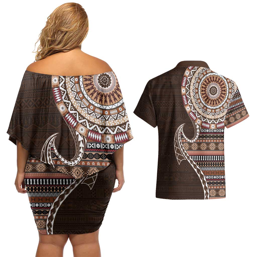 Fijian Masi Tribal Tattoos Art Pattern Couples Matching Off Shoulder Short Dress and Hawaiian Shirt Brown Color Half Style LT03 - Polynesian Pride