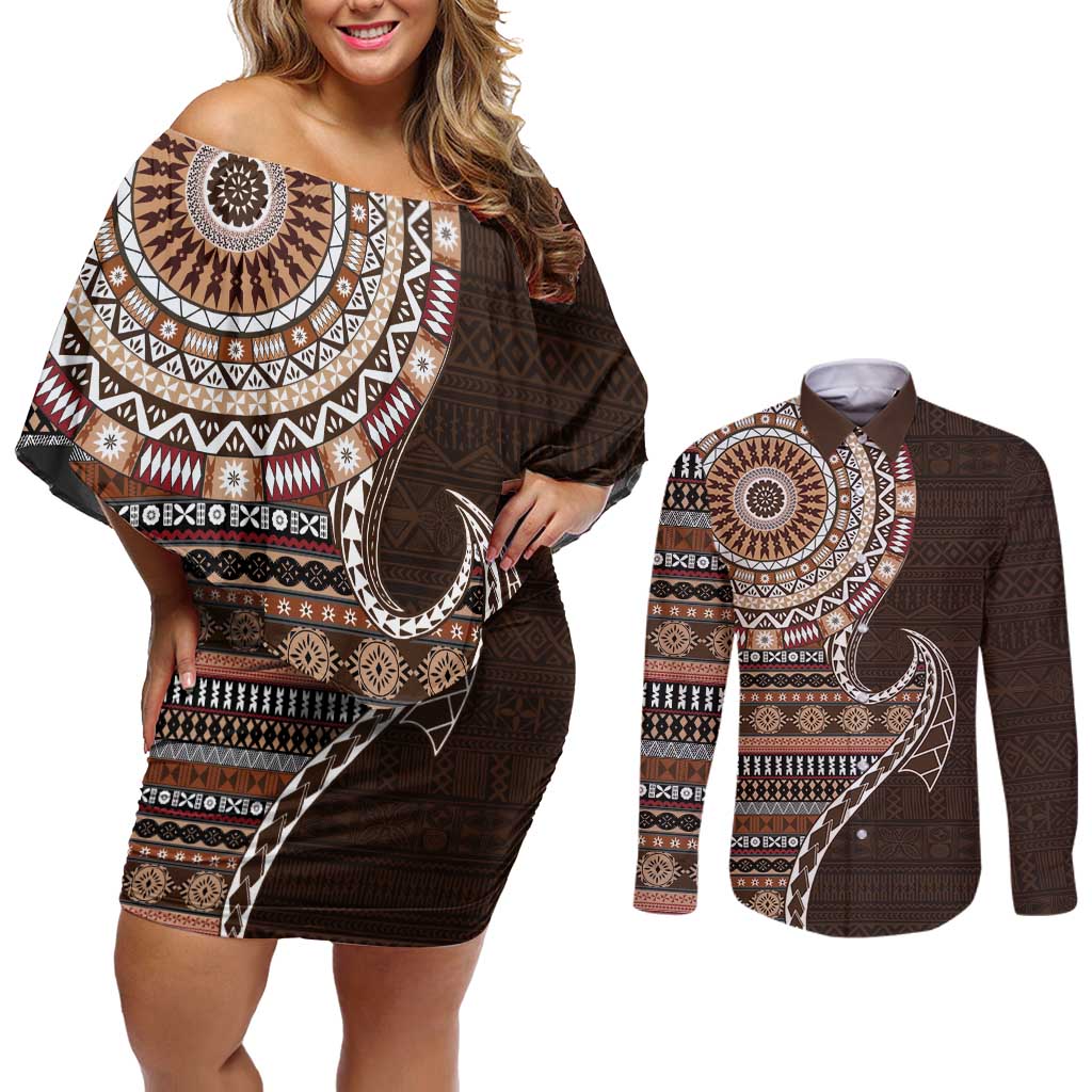 Fijian Masi Tribal Tattoos Art Pattern Couples Matching Off Shoulder Short Dress and Long Sleeve Button Shirt Brown Color Half Style LT03 Brown - Polynesian Pride