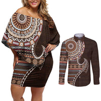 Fijian Masi Tribal Tattoos Art Pattern Couples Matching Off Shoulder Short Dress and Long Sleeve Button Shirt Brown Color Half Style LT03 Brown - Polynesian Pride
