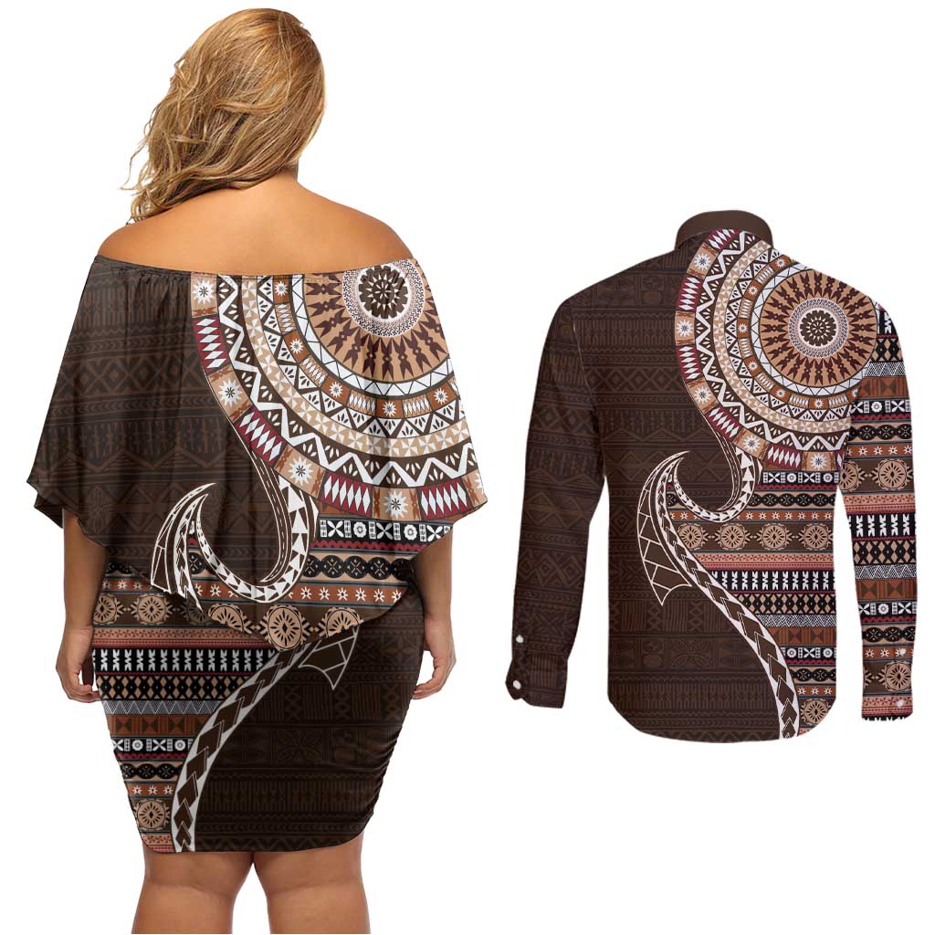 Fijian Masi Tribal Tattoos Art Pattern Couples Matching Off Shoulder Short Dress and Long Sleeve Button Shirt Brown Color Half Style LT03 - Polynesian Pride