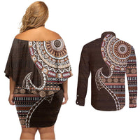 Fijian Masi Tribal Tattoos Art Pattern Couples Matching Off Shoulder Short Dress and Long Sleeve Button Shirt Brown Color Half Style LT03 - Polynesian Pride