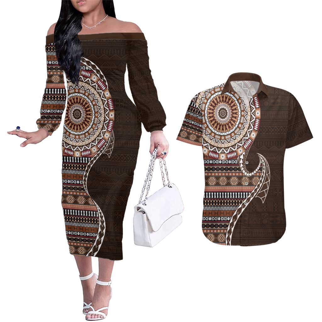 Fijian Masi Tribal Tattoos Art Pattern Couples Matching Off The Shoulder Long Sleeve Dress and Hawaiian Shirt Brown Color Half Style LT03 Brown - Polynesian Pride