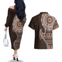 Fijian Masi Tribal Tattoos Art Pattern Couples Matching Off The Shoulder Long Sleeve Dress and Hawaiian Shirt Brown Color Half Style LT03 - Polynesian Pride