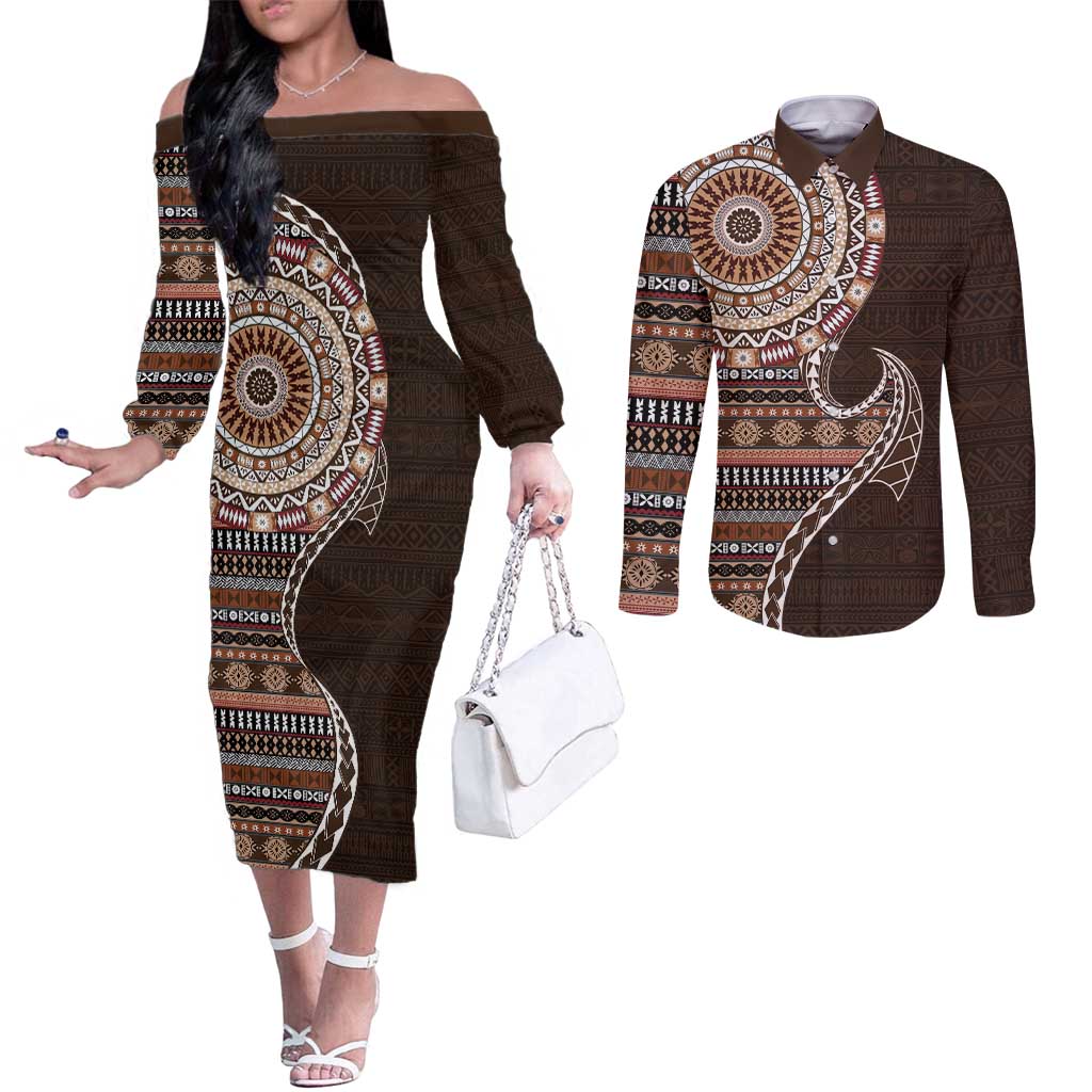Fijian Masi Tribal Tattoos Art Pattern Couples Matching Off The Shoulder Long Sleeve Dress and Long Sleeve Button Shirt Brown Color Half Style LT03 Brown - Polynesian Pride