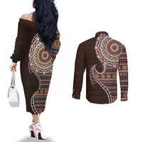 Fijian Masi Tribal Tattoos Art Pattern Couples Matching Off The Shoulder Long Sleeve Dress and Long Sleeve Button Shirt Brown Color Half Style LT03 - Polynesian Pride