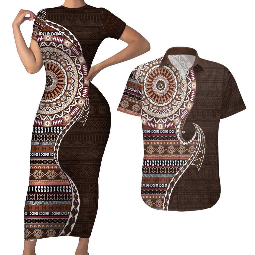 Fijian Masi Tribal Tattoos Art Pattern Couples Matching Short Sleeve Bodycon Dress and Hawaiian Shirt Brown Color Half Style LT03 Brown - Polynesian Pride