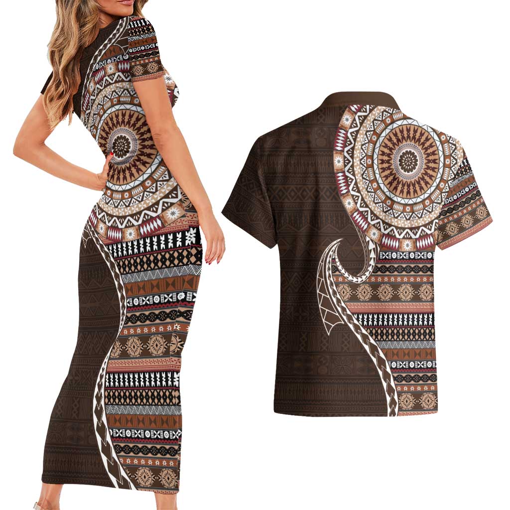 Fijian Masi Tribal Tattoos Art Pattern Couples Matching Short Sleeve Bodycon Dress and Hawaiian Shirt Brown Color Half Style LT03 - Polynesian Pride
