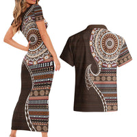 Fijian Masi Tribal Tattoos Art Pattern Couples Matching Short Sleeve Bodycon Dress and Hawaiian Shirt Brown Color Half Style LT03 - Polynesian Pride