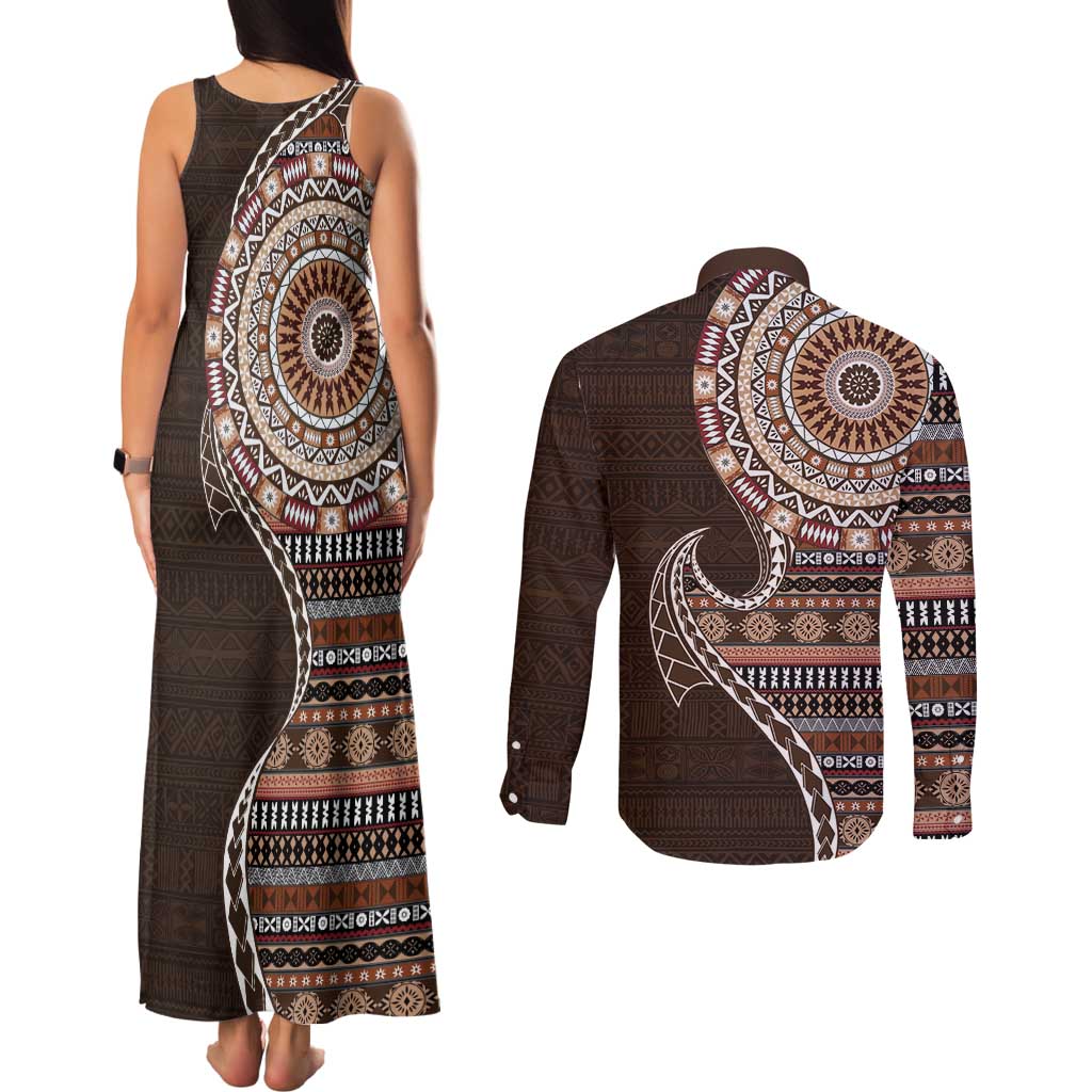 Fijian Masi Tribal Tattoos Art Pattern Couples Matching Tank Maxi Dress and Long Sleeve Button Shirt Brown Color Half Style LT03 - Polynesian Pride