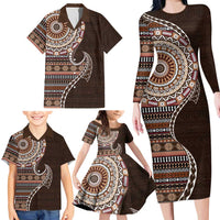 Fijian Masi Tribal Tattoos Art Pattern Family Matching Long Sleeve Bodycon Dress and Hawaiian Shirt Brown Color Half Style LT03 - Polynesian Pride