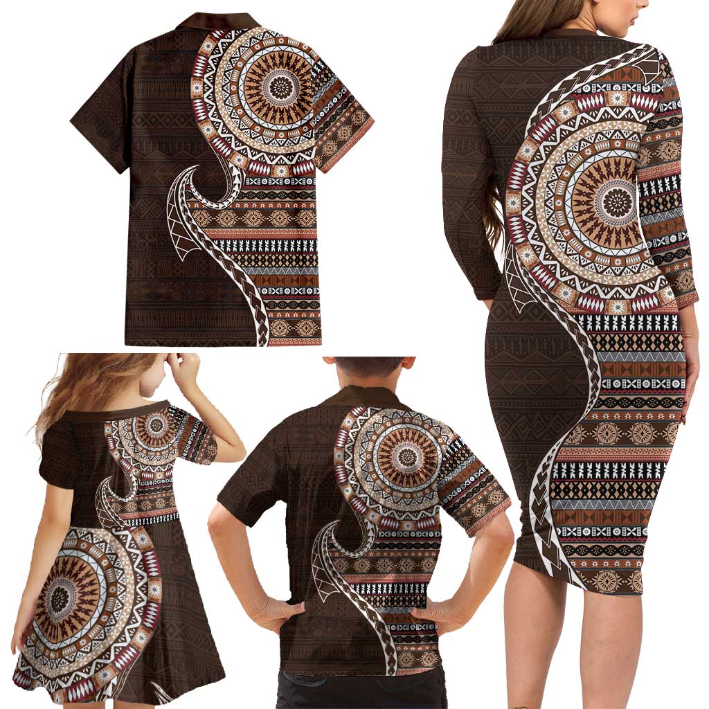 Fijian Masi Tribal Tattoos Art Pattern Family Matching Long Sleeve Bodycon Dress and Hawaiian Shirt Brown Color Half Style LT03 - Polynesian Pride