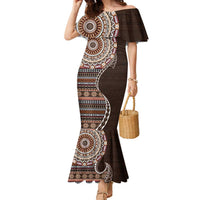 Fijian Masi Tribal Tattoos Art Pattern Family Matching Mermaid Dress and Hawaiian Shirt Brown Color Half Style LT03 Mom's Dress Brown - Polynesian Pride