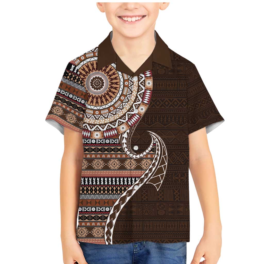 Fijian Masi Tribal Tattoos Art Pattern Family Matching Mermaid Dress and Hawaiian Shirt Brown Color Half Style LT03 Son's Shirt Brown - Polynesian Pride