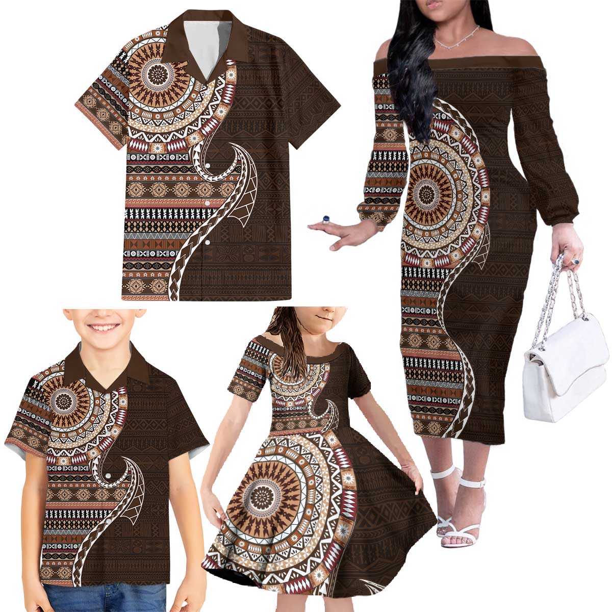 Fijian Masi Tribal Tattoos Art Pattern Family Matching Off The Shoulder Long Sleeve Dress and Hawaiian Shirt Brown Color Half Style LT03 - Polynesian Pride