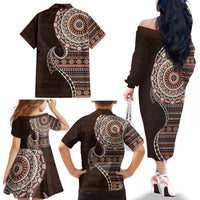Fijian Masi Tribal Tattoos Art Pattern Family Matching Off The Shoulder Long Sleeve Dress and Hawaiian Shirt Brown Color Half Style LT03 - Polynesian Pride