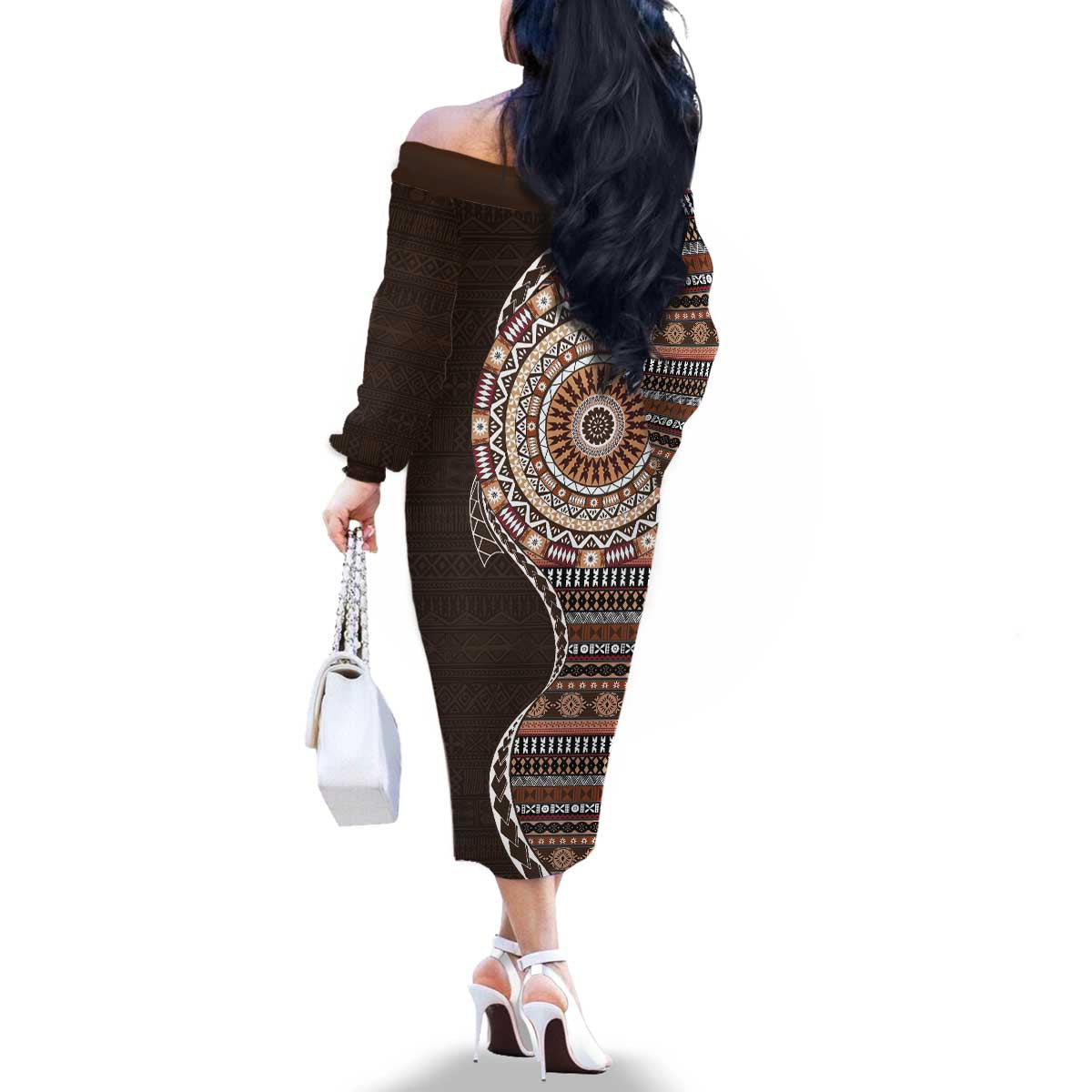 Fijian Masi Tribal Tattoos Art Pattern Family Matching Off The Shoulder Long Sleeve Dress and Hawaiian Shirt Brown Color Half Style LT03 - Polynesian Pride