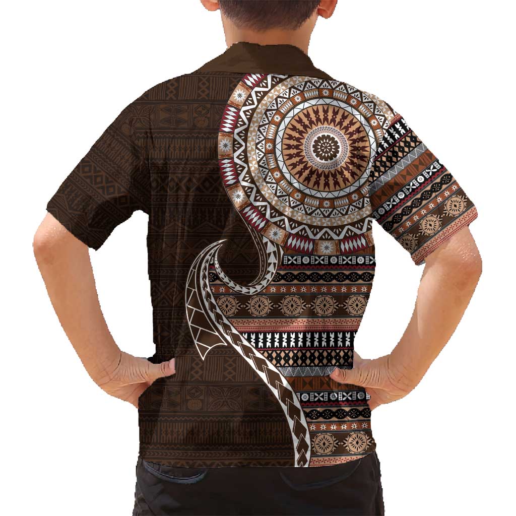 Fijian Masi Tribal Tattoos Art Pattern Family Matching Off Shoulder Maxi Dress and Hawaiian Shirt Brown Color Half Style LT03 - Polynesian Pride
