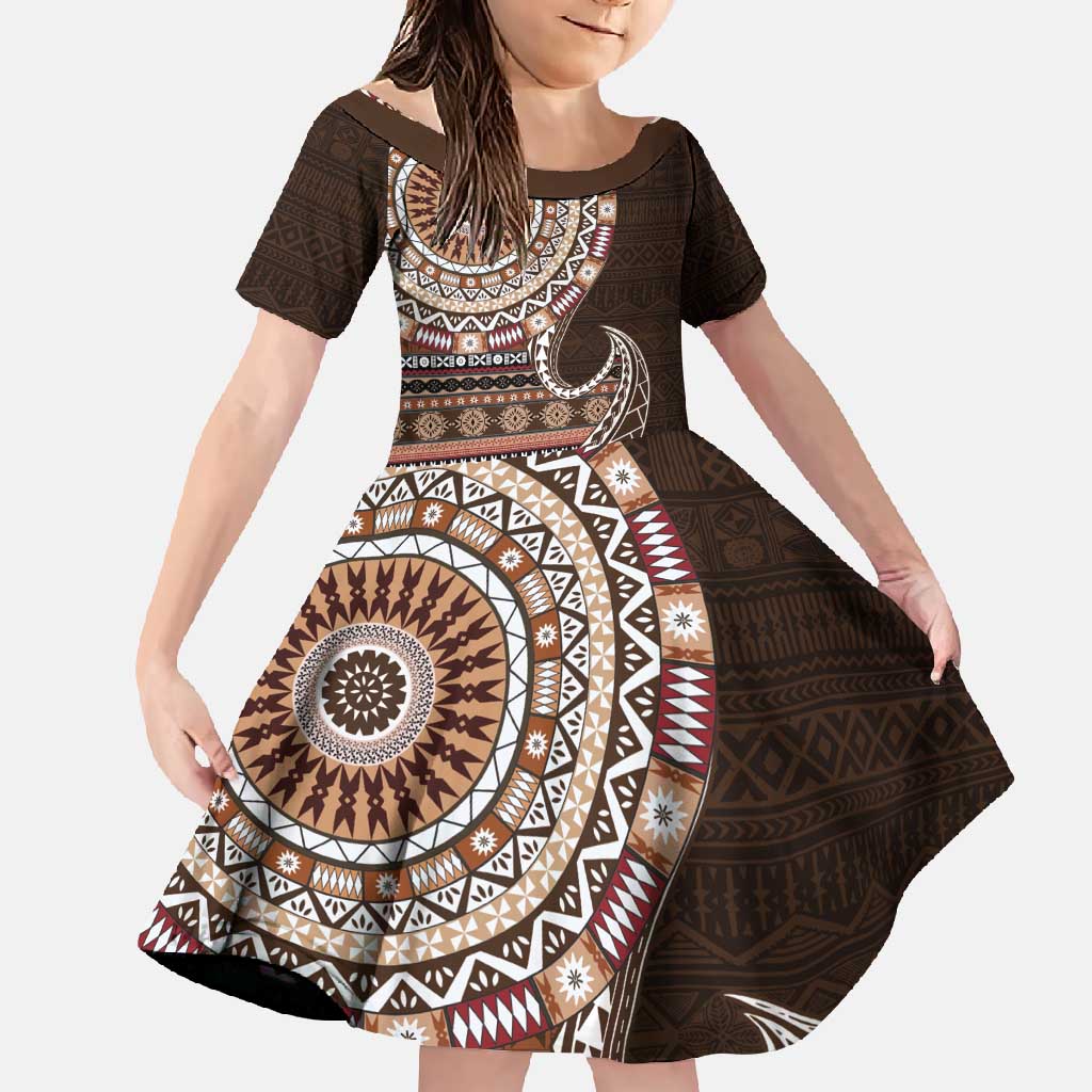 Fijian Masi Tribal Tattoos Art Pattern Family Matching Off Shoulder Maxi Dress and Hawaiian Shirt Brown Color Half Style LT03 Daughter's Dress Brown - Polynesian Pride
