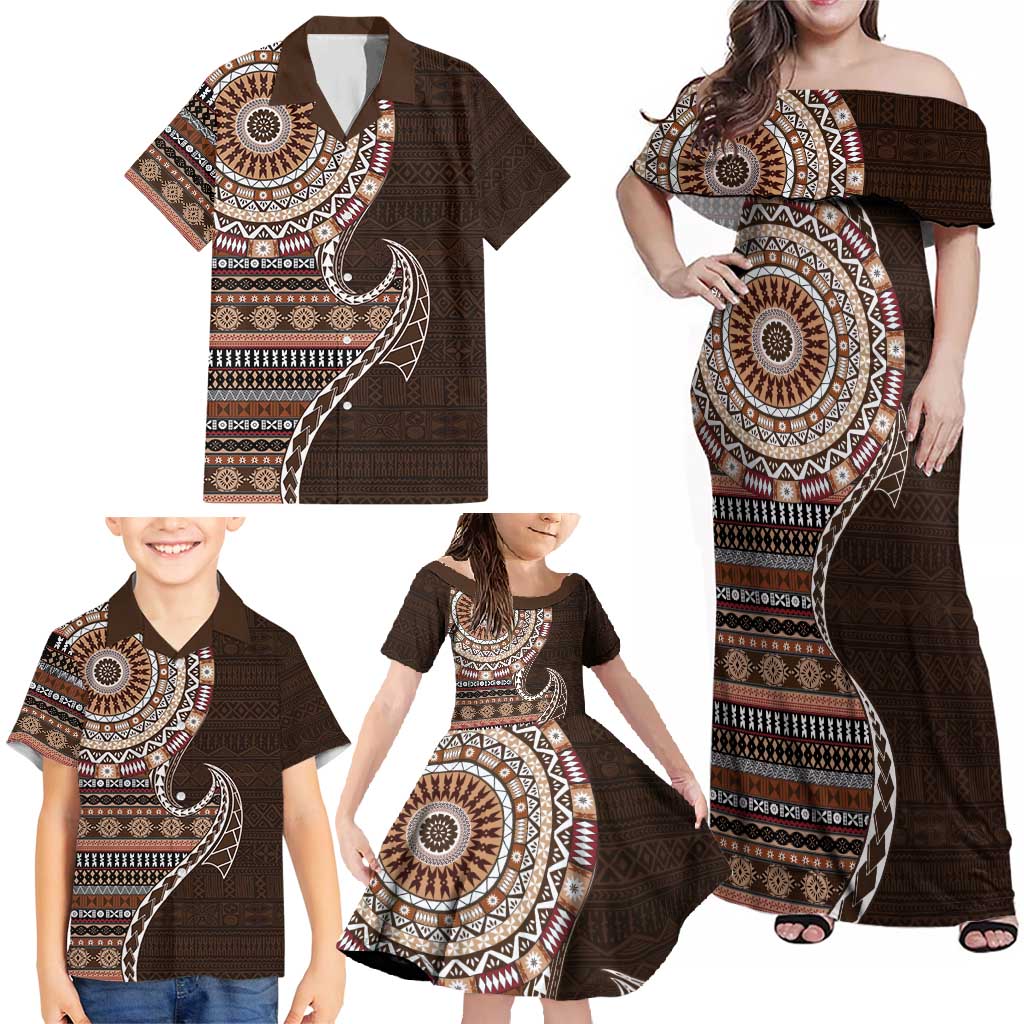 Fijian Masi Tribal Tattoos Art Pattern Family Matching Off Shoulder Maxi Dress and Hawaiian Shirt Brown Color Half Style LT03 - Polynesian Pride