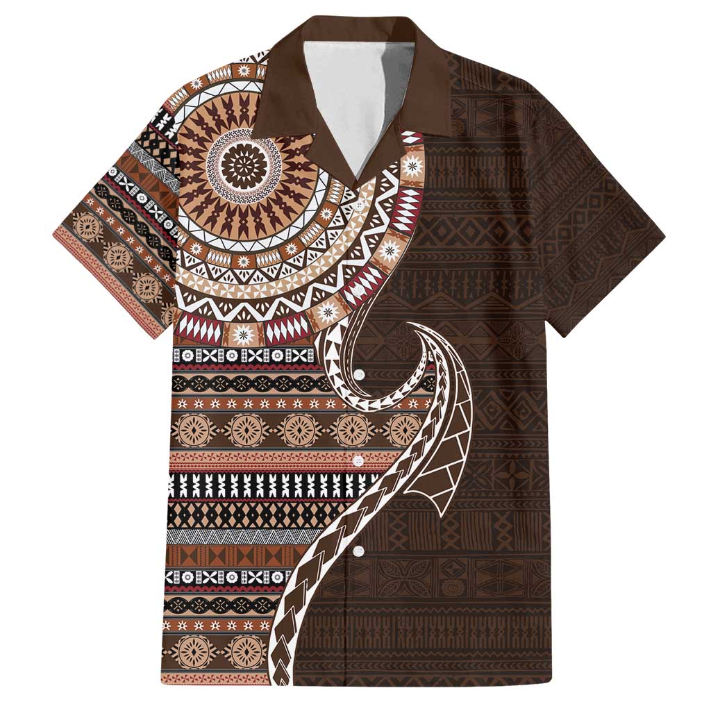 Fijian Masi Tribal Tattoos Art Pattern Family Matching Off Shoulder Maxi Dress and Hawaiian Shirt Brown Color Half Style LT03 Dad's Shirt - Short Sleeve Brown - Polynesian Pride