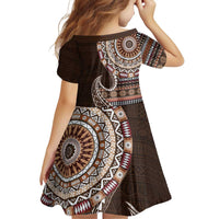 Fijian Masi Tribal Tattoos Art Pattern Family Matching Off Shoulder Short Dress and Hawaiian Shirt Brown Color Half Style LT03 - Polynesian Pride