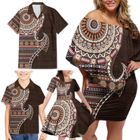 Fijian Masi Tribal Tattoos Art Pattern Family Matching Off Shoulder Short Dress and Hawaiian Shirt Brown Color Half Style LT03 - Polynesian Pride