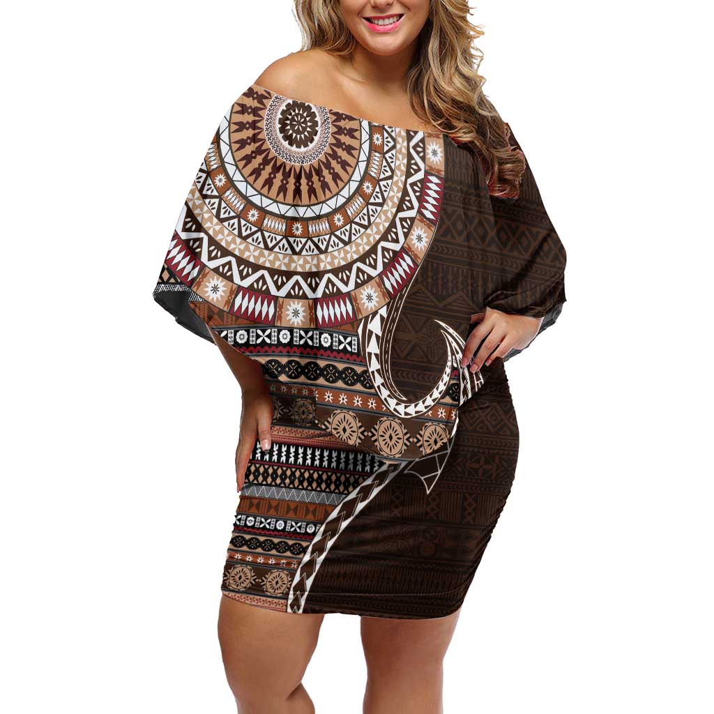 Fijian Masi Tribal Tattoos Art Pattern Family Matching Off Shoulder Short Dress and Hawaiian Shirt Brown Color Half Style LT03 Mom's Dress Brown - Polynesian Pride