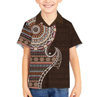 Fijian Masi Tribal Tattoos Art Pattern Family Matching Off Shoulder Short Dress and Hawaiian Shirt Brown Color Half Style LT03 Son's Shirt Brown - Polynesian Pride